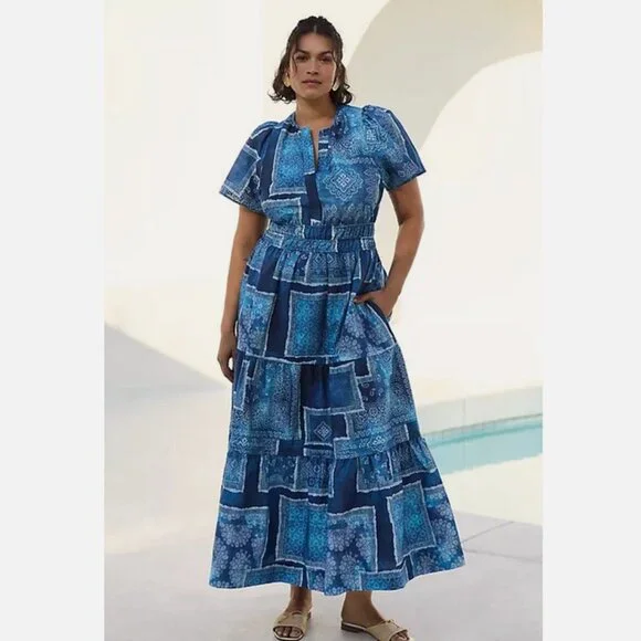 Anthropologie The Somerset Maxi Dress Cotton Bandana Patchwork Print Blue L NWT